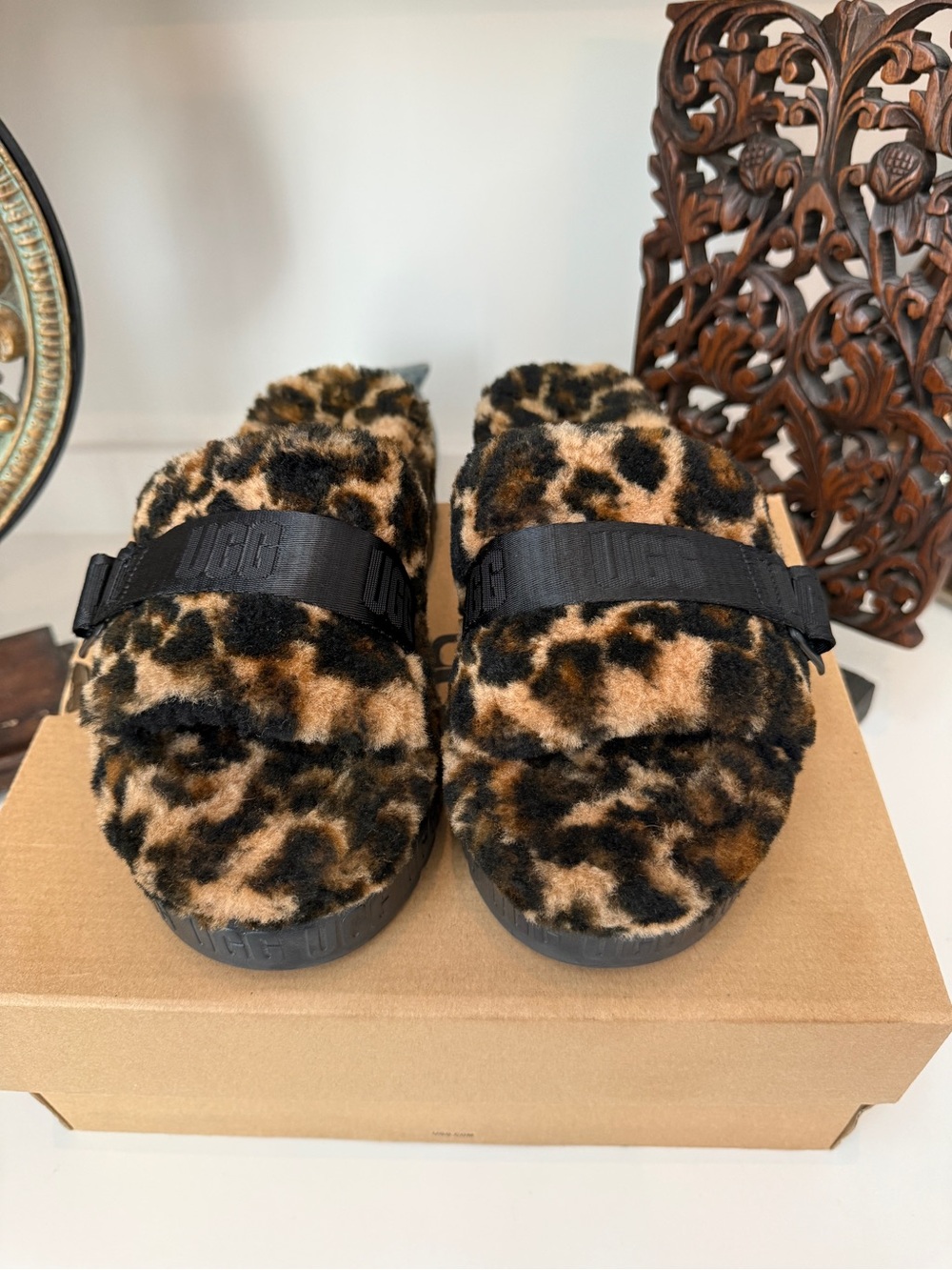 UGG Fluffita Panther Print Slip-On Shearling Mules - Size 8